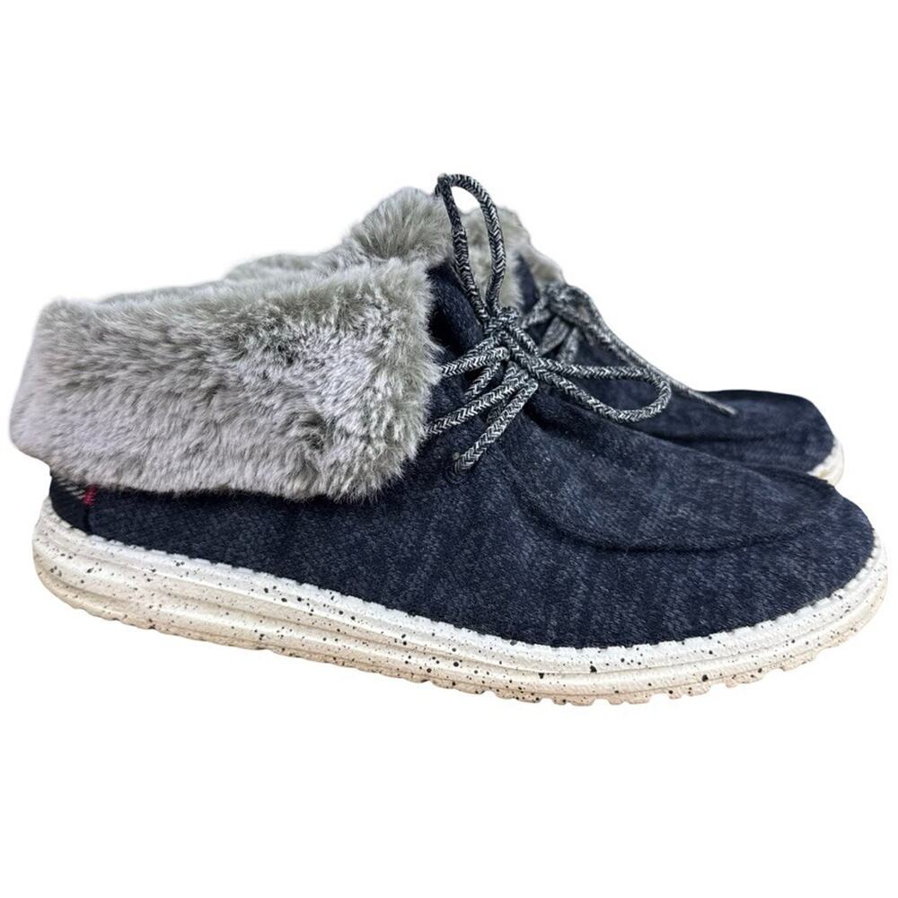 Hey Dude Britt Navy Blue Faux Fur Fold Down Ankle Booties Boots Shoes sz 10